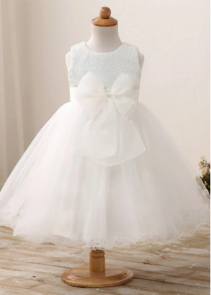 Ivory Sequin Tulle Flower Girl Dress With Double Bow